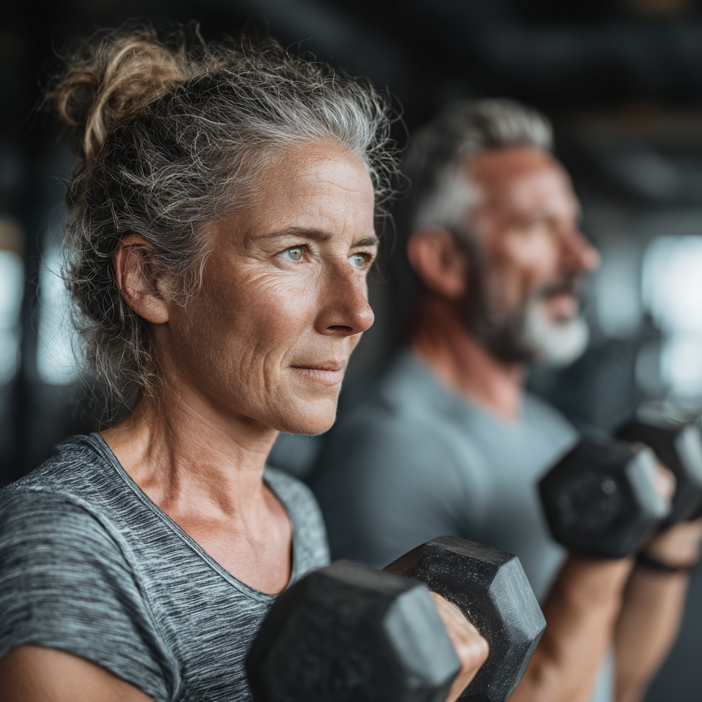 Mature adults aged 40-55 doing strength training with dumbbells in modern gym facility
