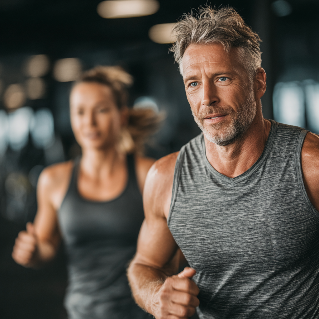Mature adults in their 40s and 50s doing high-intensity interval training and cardio workout in modern fitness studio