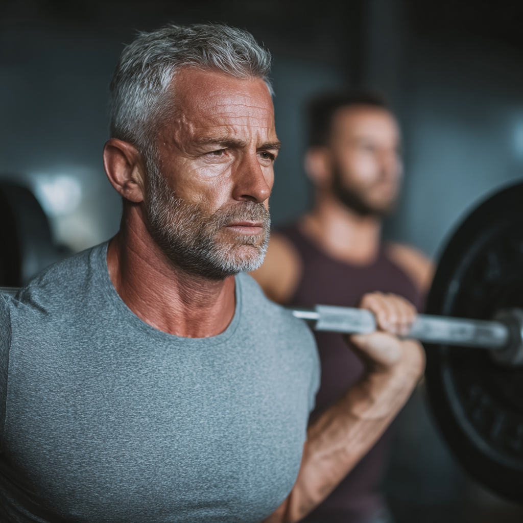 Middle-aged professionals doing powerlifting and weight training exercises with barbells in professional gym